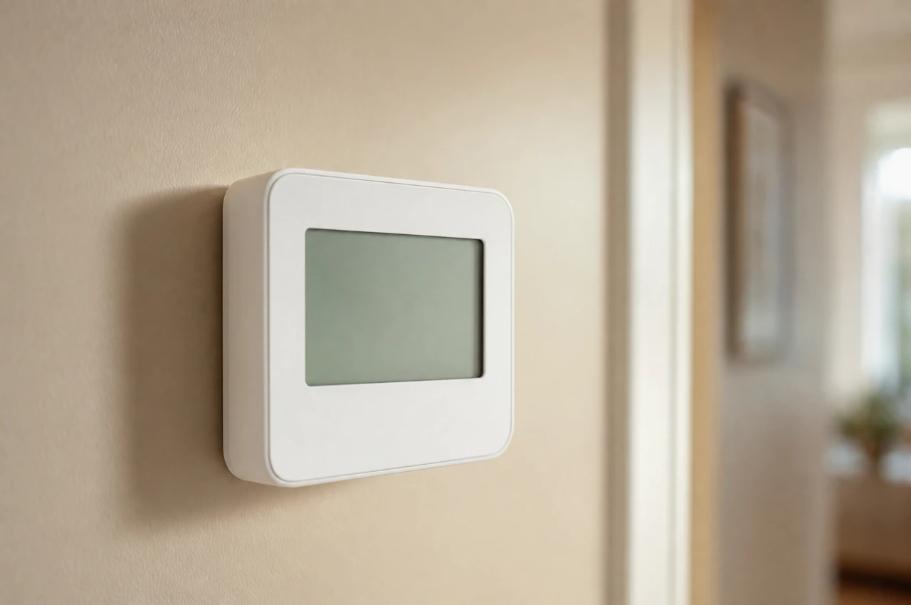 Illustrative image: a wall thermostat in warm interior light.